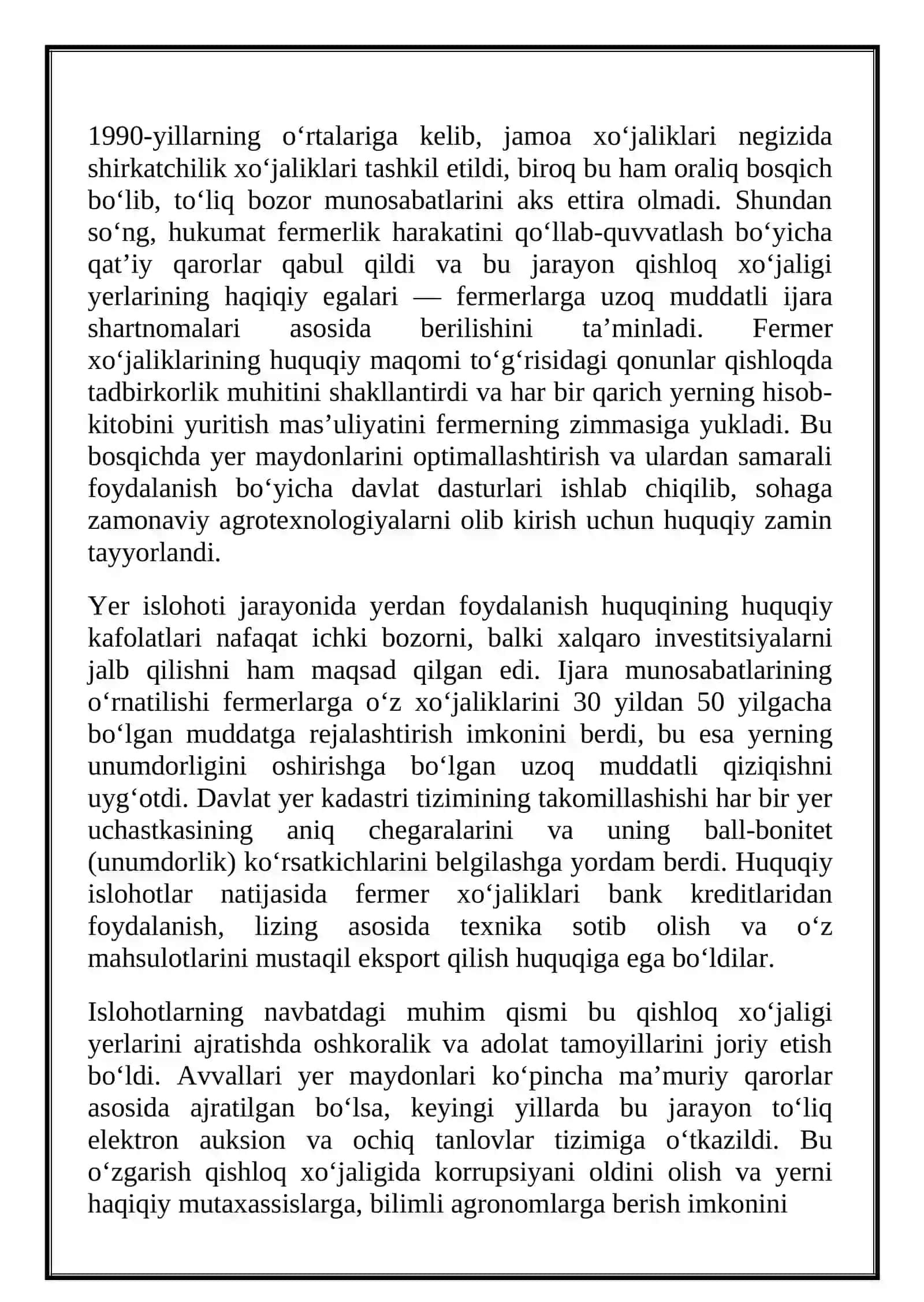 Qishloq xo‘jaligida yer islohoti va fermerlik harakati: Yerga egalik qilishning huquqiy va iqtisodiy asoslari 3