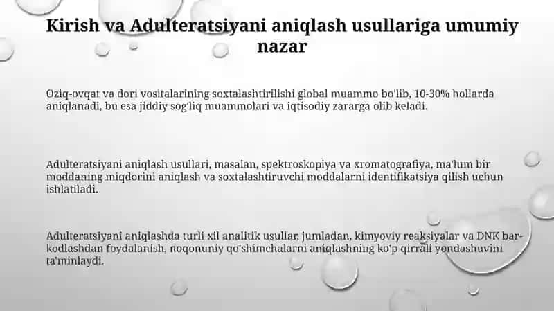 Oziq-ovqat yoki dori vositalarining soxtaligini aniqlashda qaysi kimyoviy usullaridan foydalanish 3