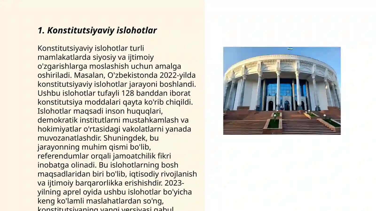 Yangi O'zbekistonda Prezident Sh.M.Mirziyoyev rahbarligi va tashabbusi ostida amalga oshirilayotgan islohotlar Muxtorova Mohinur 3