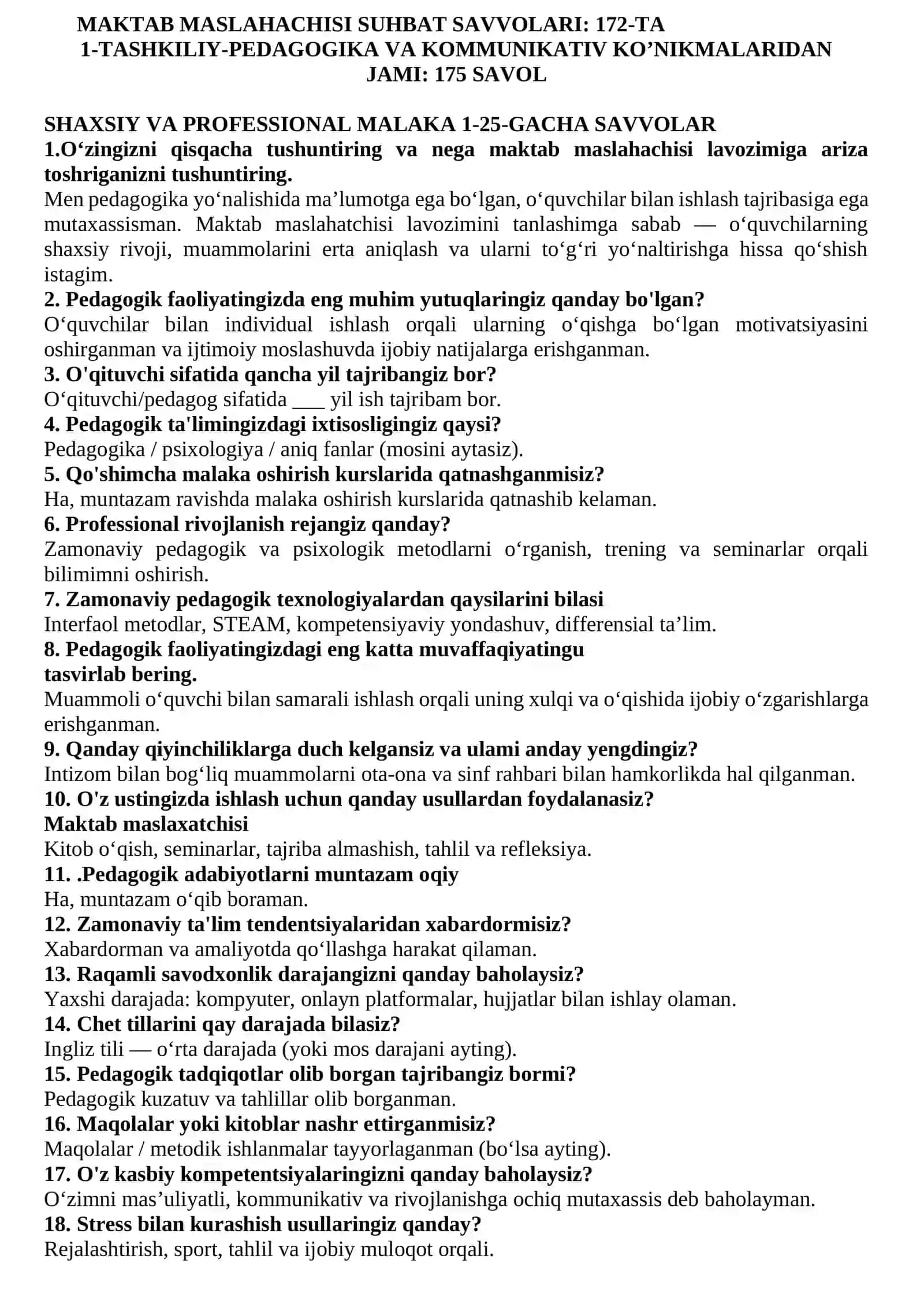 Maktab maslaxatchisi suxbat savollari 200 ta bilet. Jami 1000 ta savol javoblari bilan 3