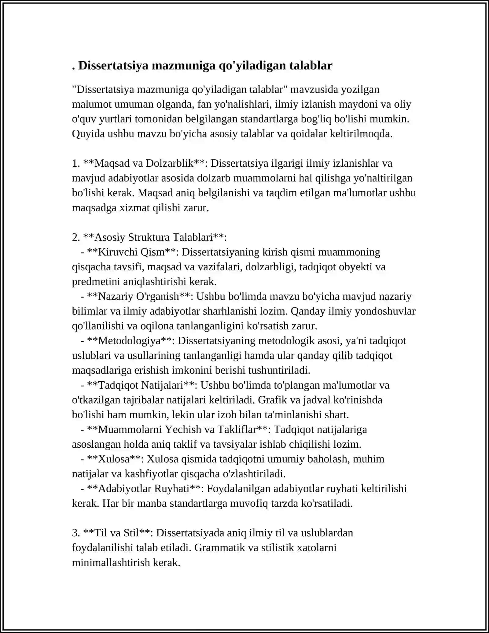 MAGISTIRLIK DISSERTATSIYASIGA QÓYILADIGAN TALABLAR 3