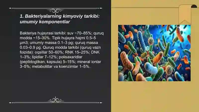 Bakteriyalarningfiziologiyasi kimyoviy tarkibi, oziqlanishi,o’sishi ko’payishi. Oziq muhitlari. Bakteriyalarning sof kulturasini ajratib olish usullari 3