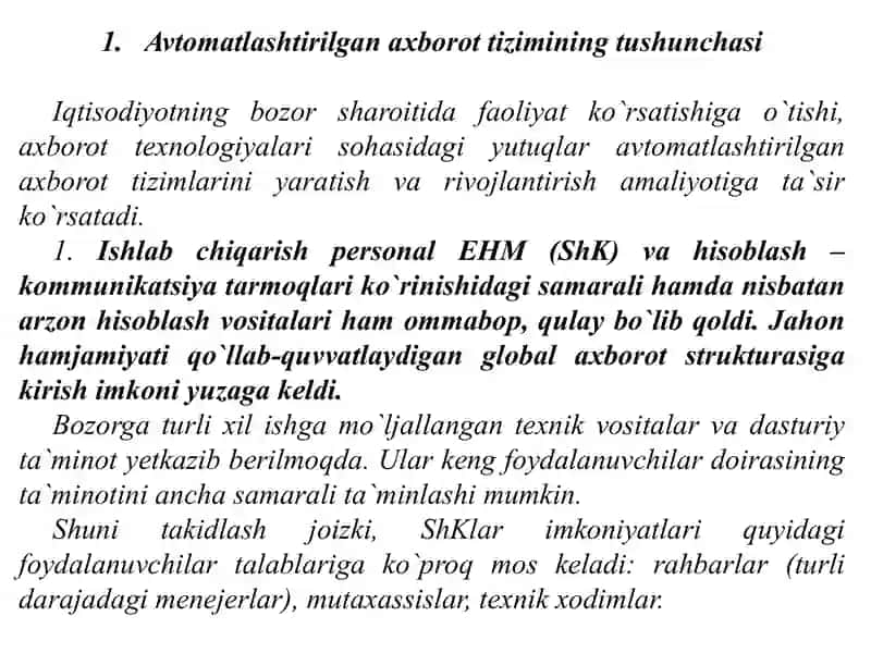 AXBOROT TIZIMI TUSHUNCHASI VA UNING TARKIBIY QISMLARI 3