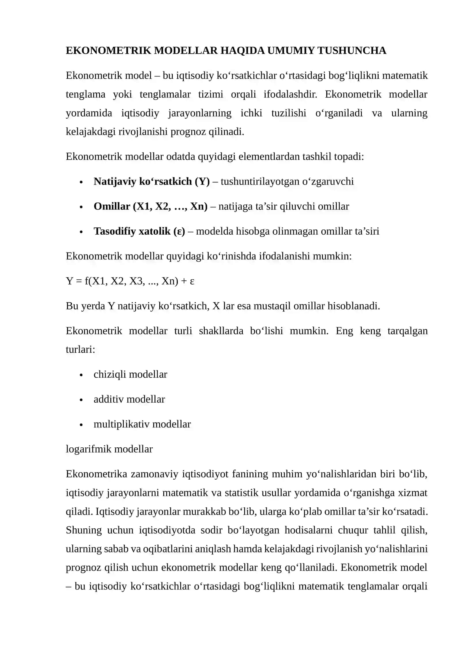 ADDITIV VA MULTIPLIKATIV EKONOMETRIK MODELLARNI TUZISH REJA 3