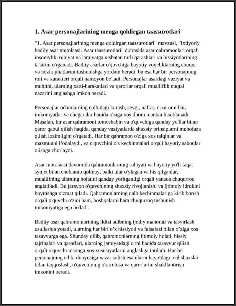 IXTIYORIY BADIIY ASAR MUTOLAASI. "ASAR TAASSUROTLARI " 3