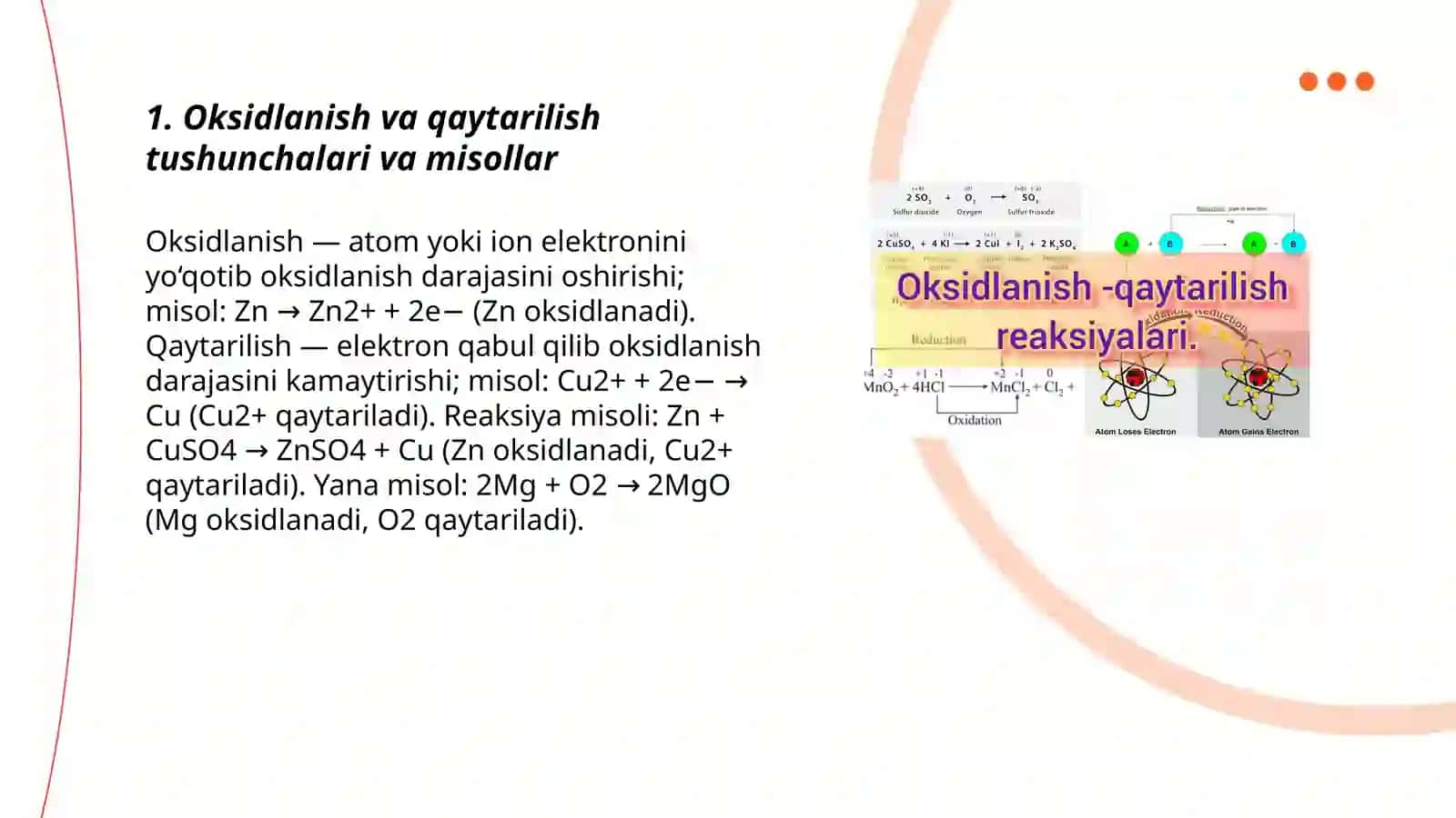 Oksidlanish va qaytarilish misollari 3