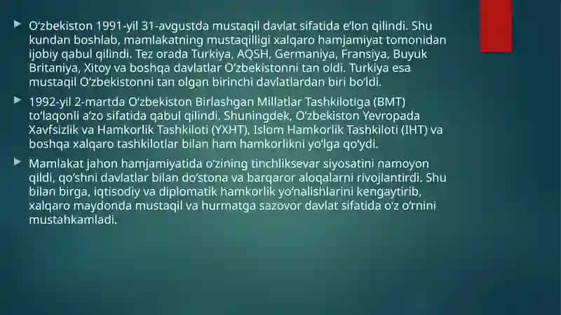 O’zbekistonningtashqi siyosati va yillar kesimidagi o’zgarishlar 3