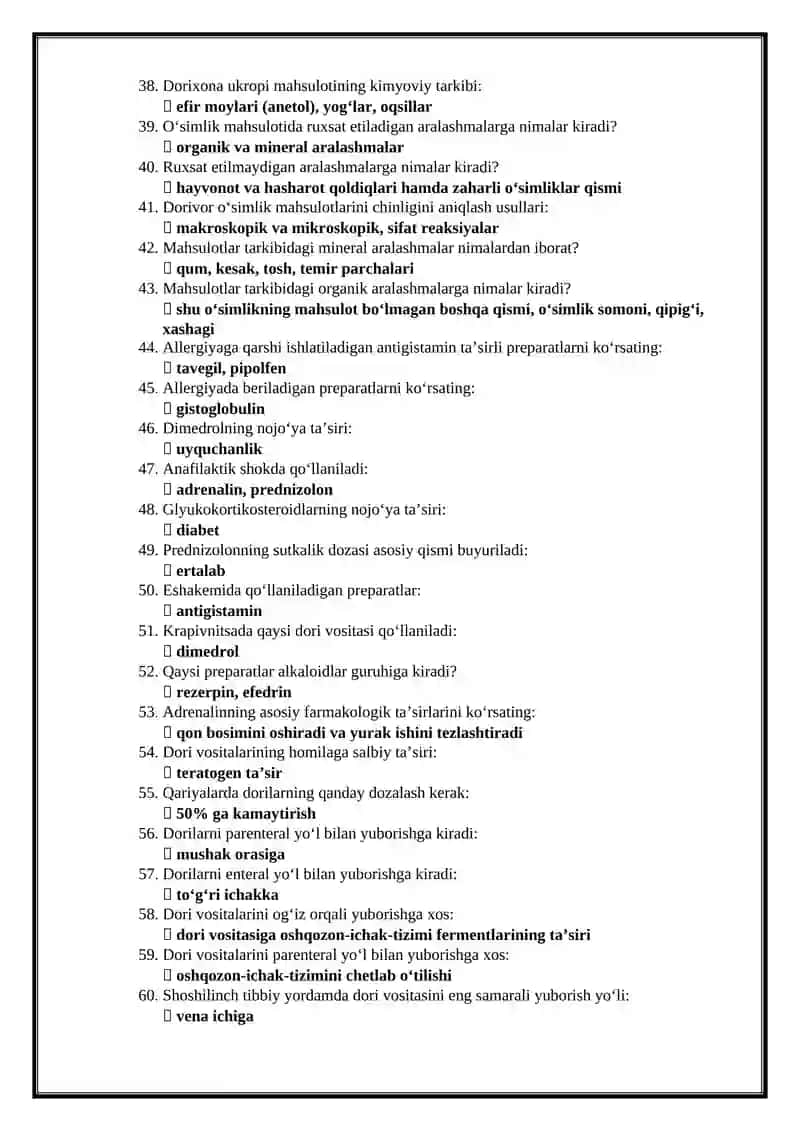 Farmatsiya mutaxassisligi boʻyicha shakllantirilgan test savollari roʻyxati 3
