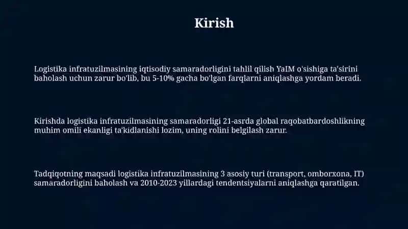 "Logistika infratuzilmasining iqtisodiy samaradorligi: statistik va analitik yondashuv" 3