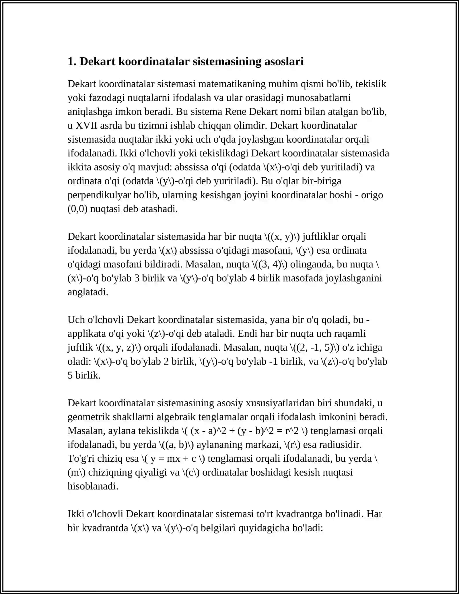 TEKISLIKDA DEKART KOORDINATALAR SISTEMASI.TEKISLIKDA TOʻGʻRI CHIZIQ 3