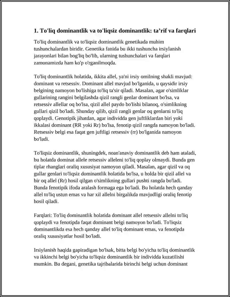 BIR BELGI BÕYICHA TÕLIQ, IKKINCHI BELGI BÕYICHA TÕLIQSIZ DOMINANTLIK HOLATDAGI IRSIYLANISH 3