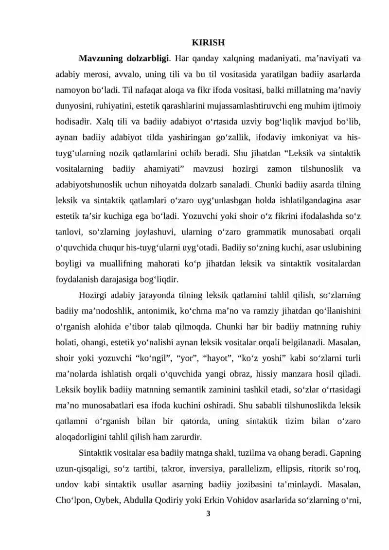 Adabiyot nazariyasi fanidan “Leksik va sintaktik vositalarning badiiy ahamiyati” KURS ISHI 3