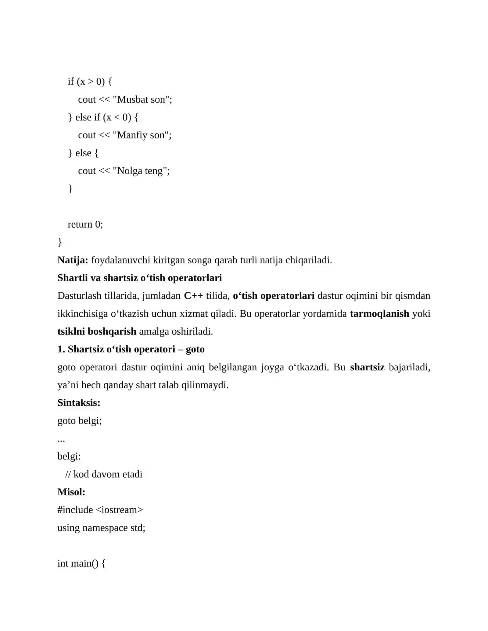 Tarmoqlanuvchi jarayonlarni tashkil etish. Shartli va shartsiz o‘tish operatorlari. Tanlash operatori. Ternar operatori 3