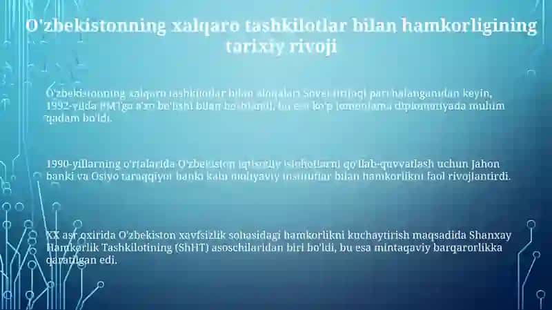 O'zbekistonning xalqaro tashkilotlar bilan hamkorlik aloqalari 3