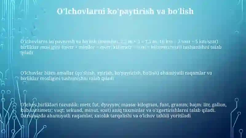Miqdorlarni o'lchash, o'lchov birliklari va ular ustida amallar bajarishga o'rgatish 3