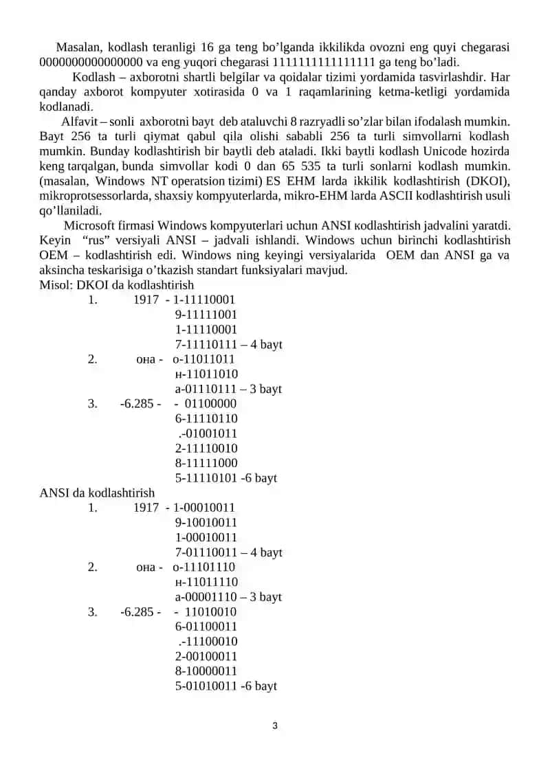 Ovoz, grafik va matnli axborotlarni kodlash. Zamonaviy texnik va dasturiy vositalar sinfi bilan tanishtirish 3