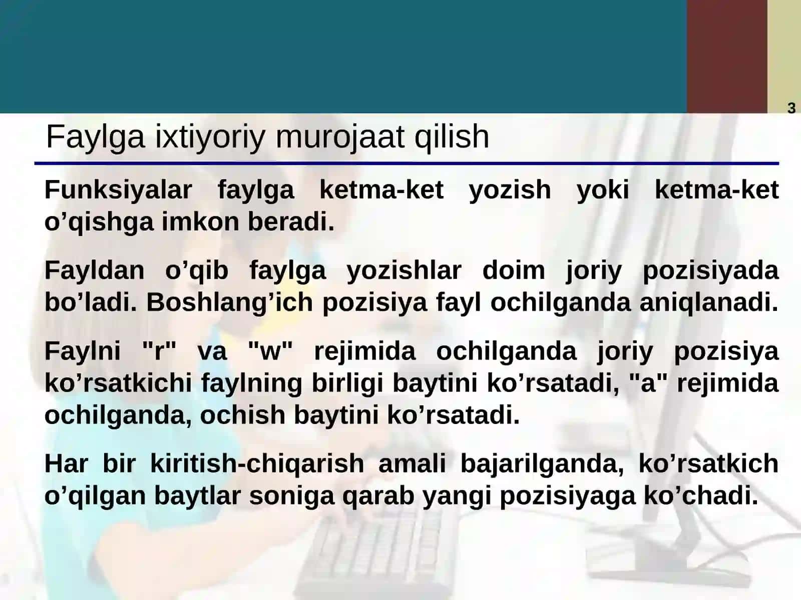 To’g’ri murojaatli fayllarni kiritish chiqarish. Istisno holatlariga ishlov berish..ppt 3