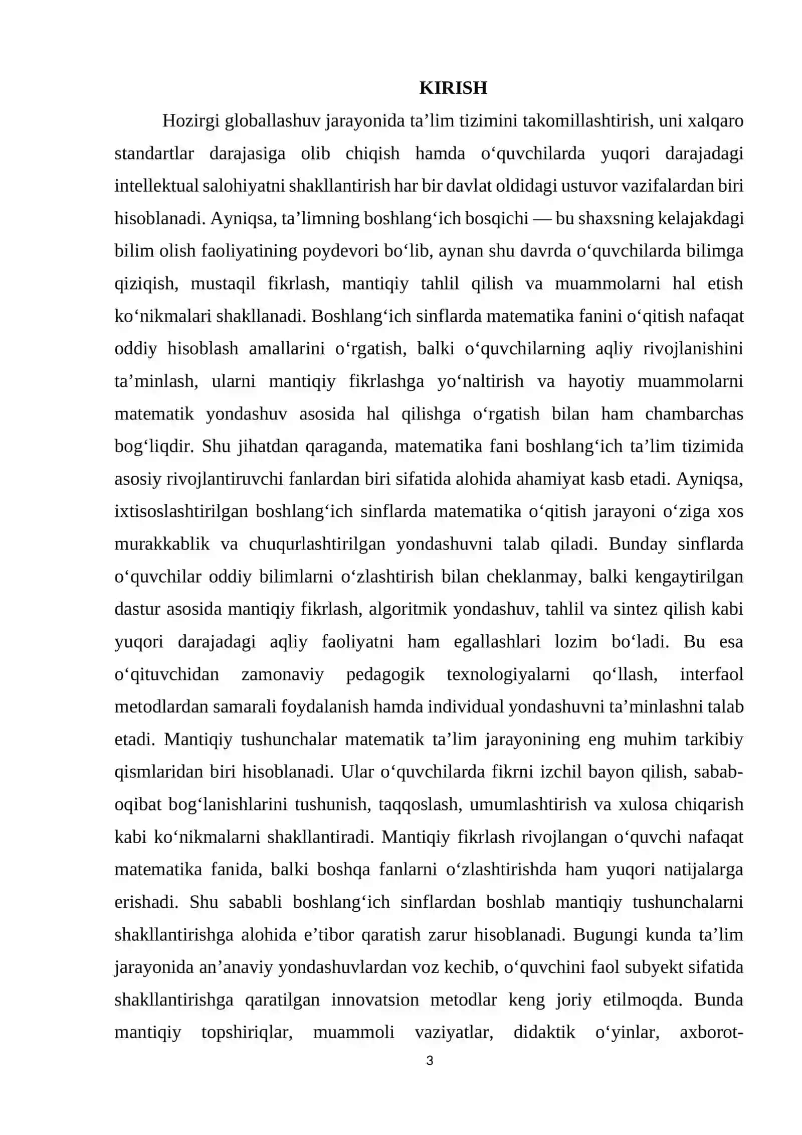 IXTISOSLASHTIRILGAN BOSHLANG‘ICH SINFLARDA MATEMATIKA O‘QITISH. MANTIQIY TUSHUNCHALAR KURS ISHI 3
