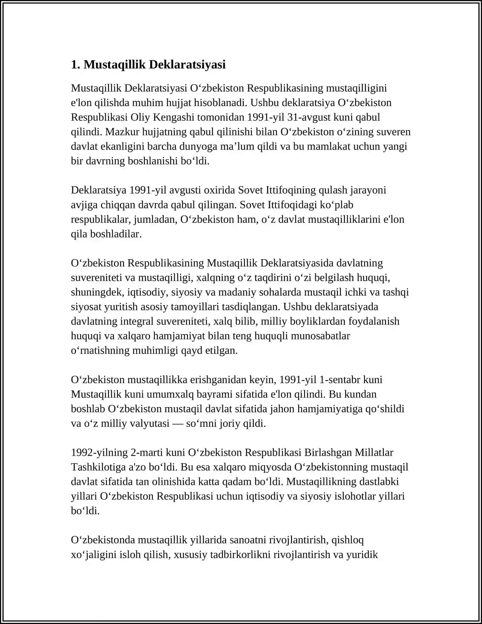 MUSTAQIL ISH Mavzu: 1991-YIL O'ZBEKISTON RESPUBLIKASINING MUSTAQILLIKKA ERISHUVI 3