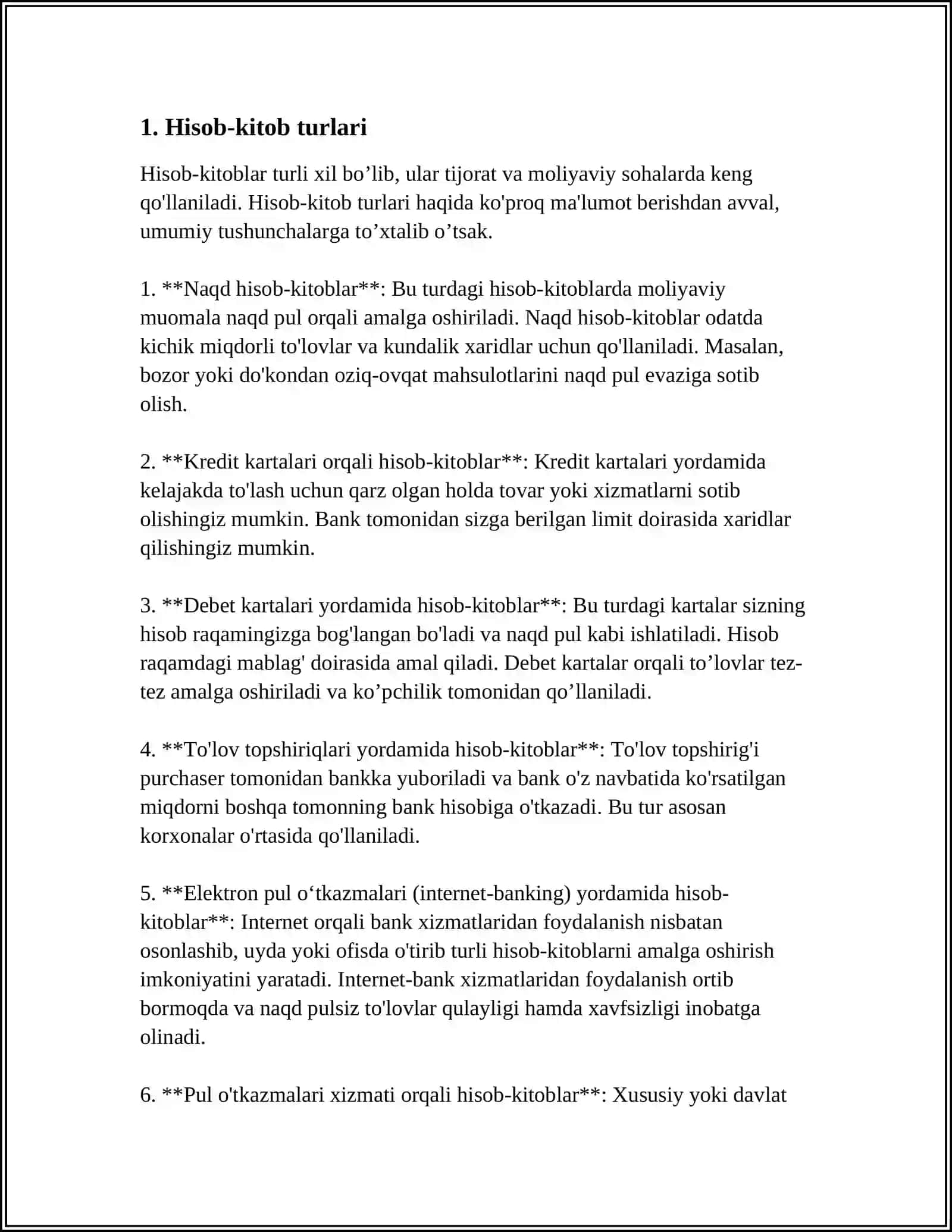 XO'JALIK HISOBINING TURLARI, HISOBDA QO'LLANILADIGAN O'LCHOV BIRLIKLARI 3