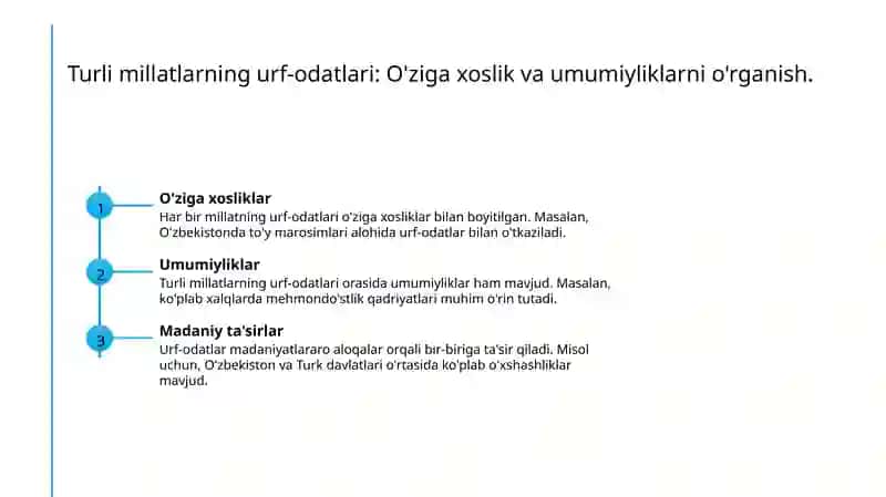 Turli millatlarning urf odatlari va an'analari mavzusida ijodiy matn tuzish. Turli millat qadriyatlarini Konseptual jadval asosida qiyoslash 3
