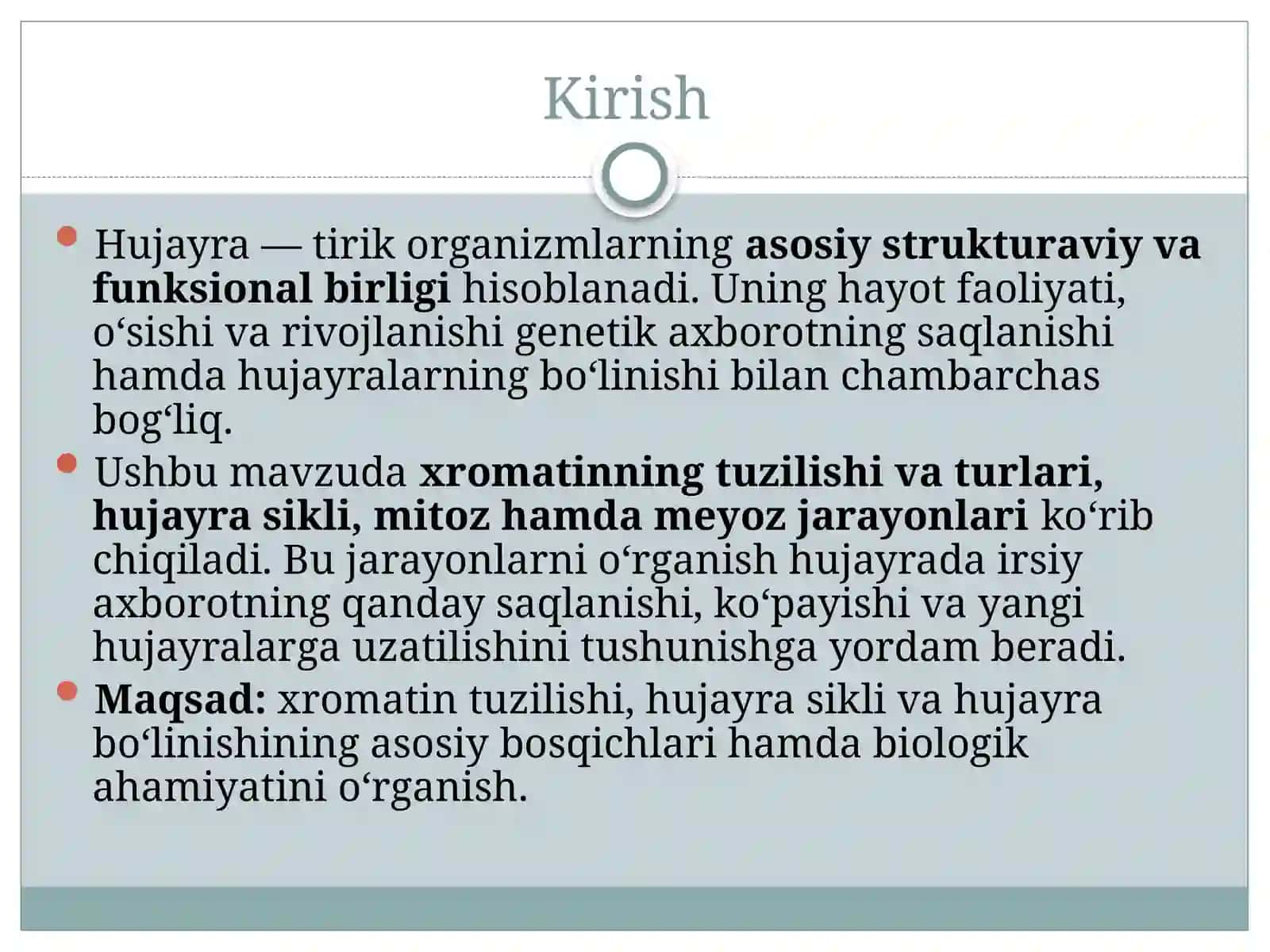 Hujayrasiklik va hujayra bo'linishi: xromatin tuzilishi, mitoz va meyoz 3