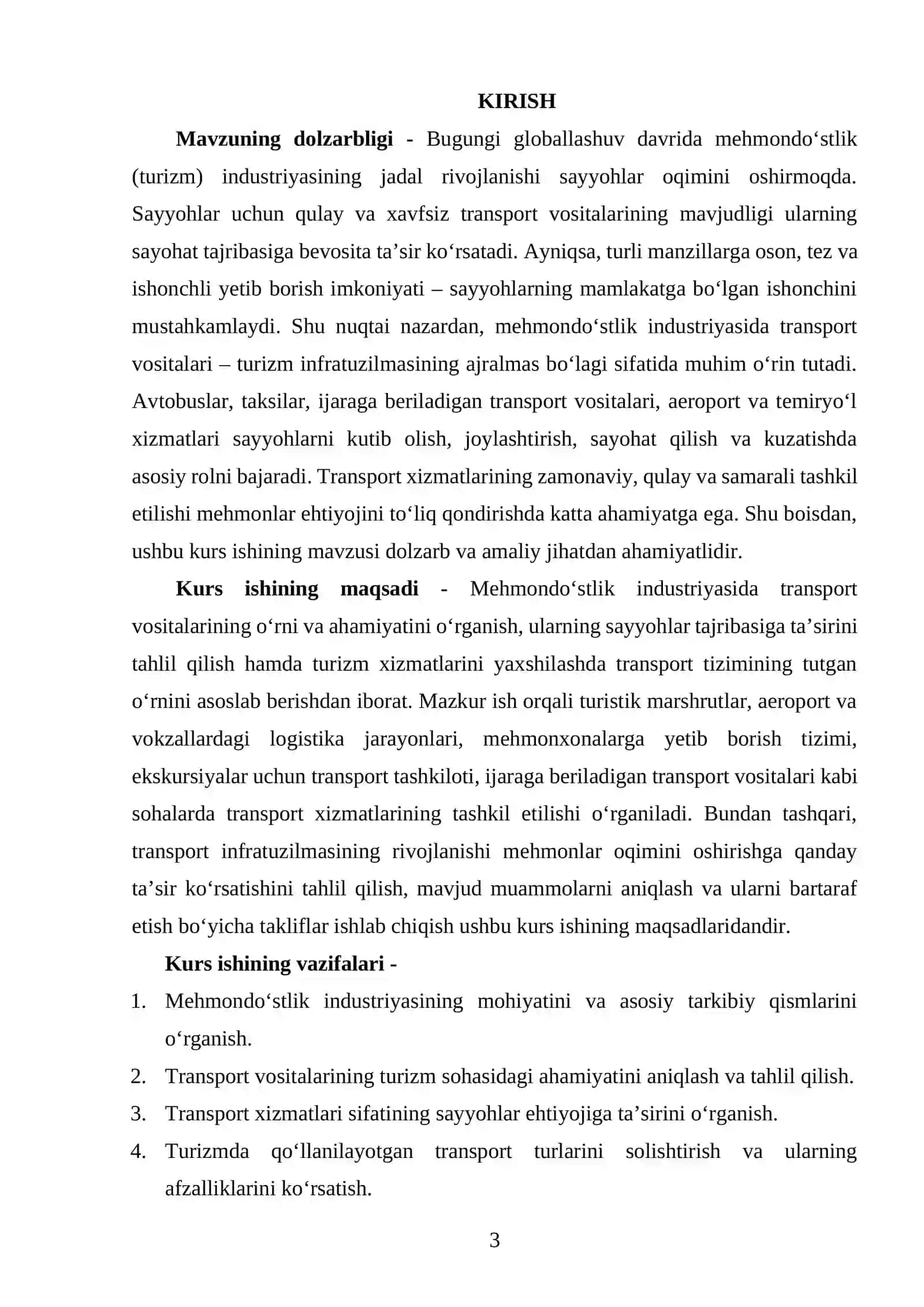 KURS ISHI: “MEHMONDOʻSTLIK INDUSTRIYASIDA TRANSPORT VOSITALARINING OʻRNI VA AHAMIYATI” 3