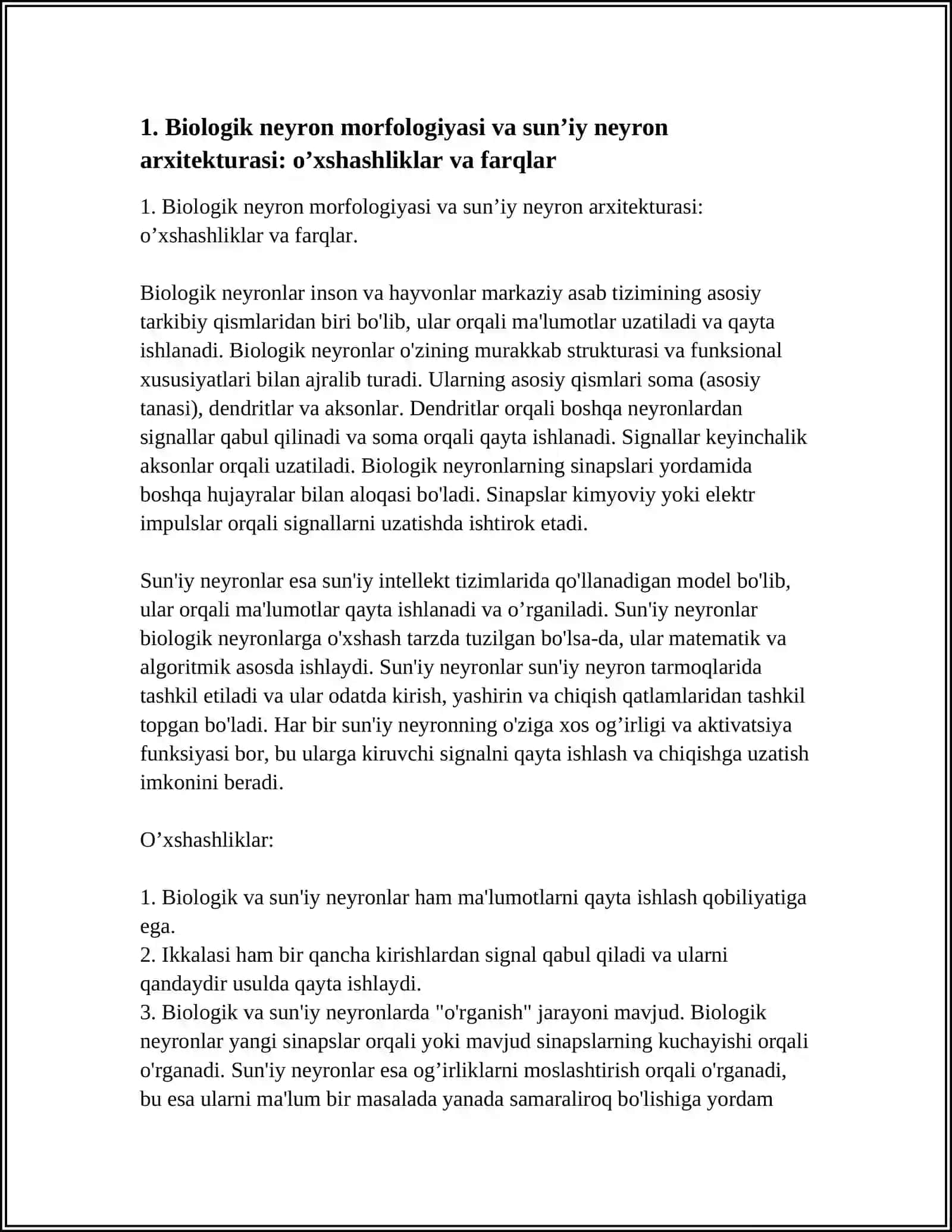 BIOLOGIK VA SUN’IY NEYRONLAR. O’XSHASHLIK VA FARQLAR 3