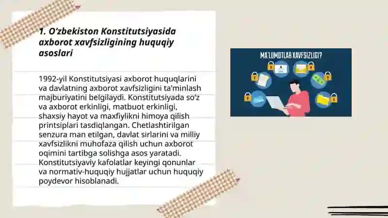 Oʻzbekistonda axborot xavfsizligining ma'naviy va huquqiy asoslari ularning huquqiy xujjatlardagi ifodasi 3