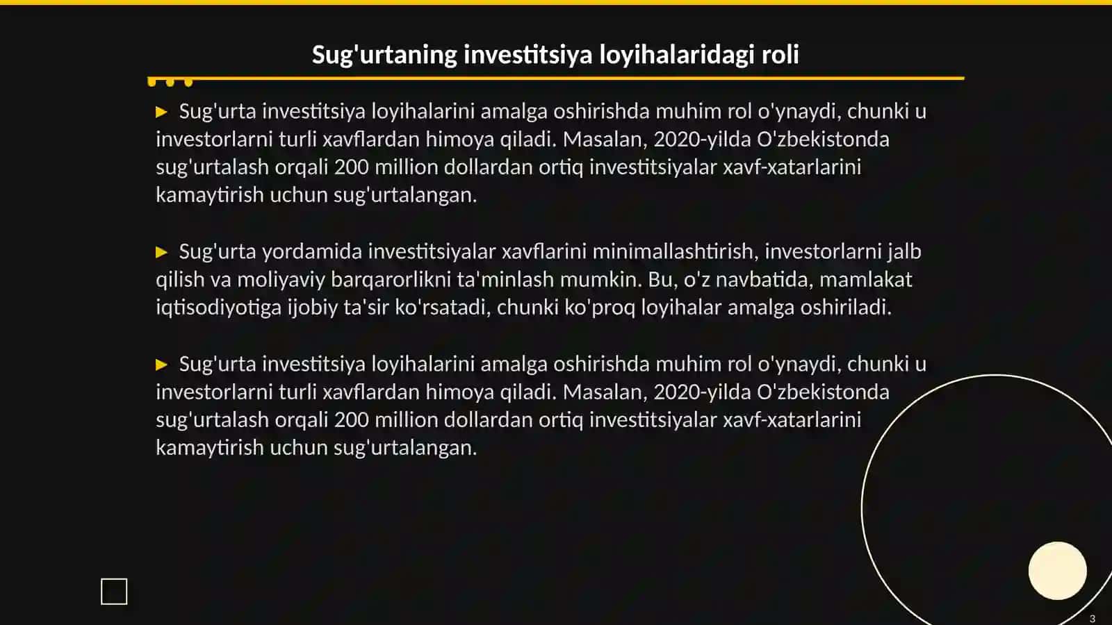 Sug'urtaning investitsiya loyihalarini amalga oshirish va moliyalashtirishda sug'urtaning o'rni 3