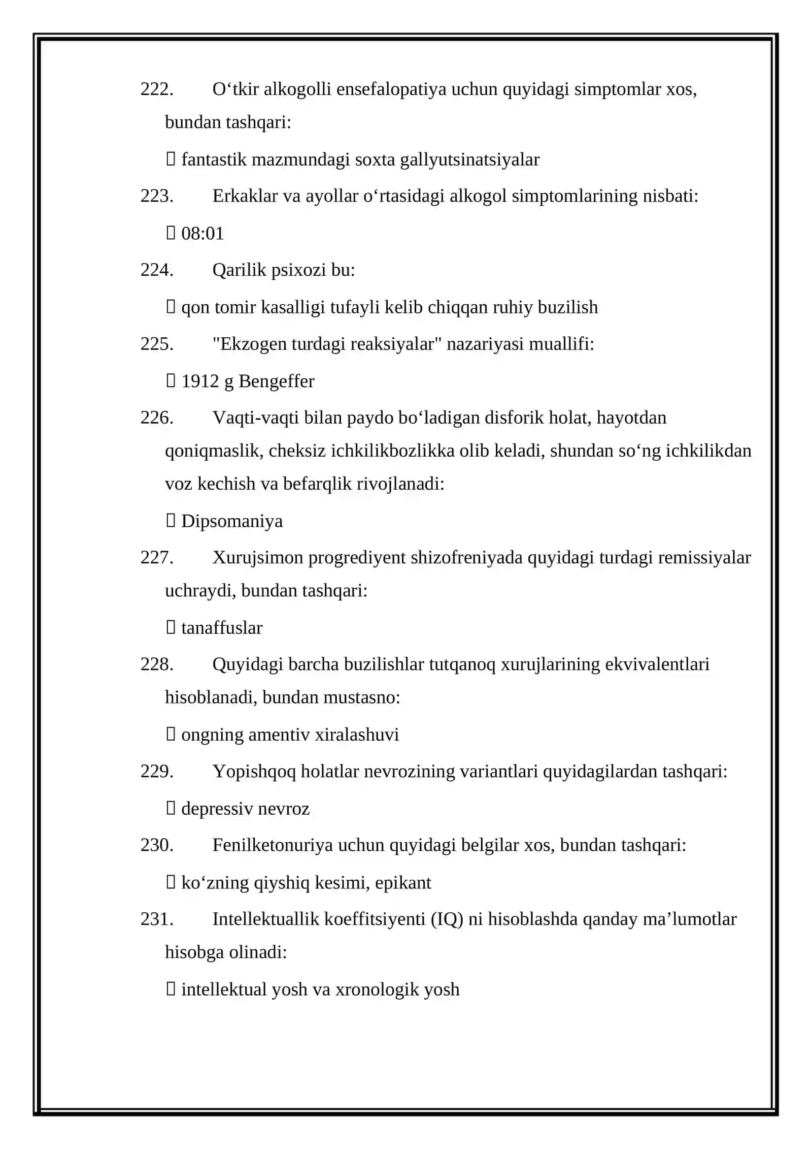 PSIXIATRIYA MUTAXASSISLIGI BOʻYICHA SHAKLLANTIRILGAN TEST SAVOLLARINING JAVOBLARI 3