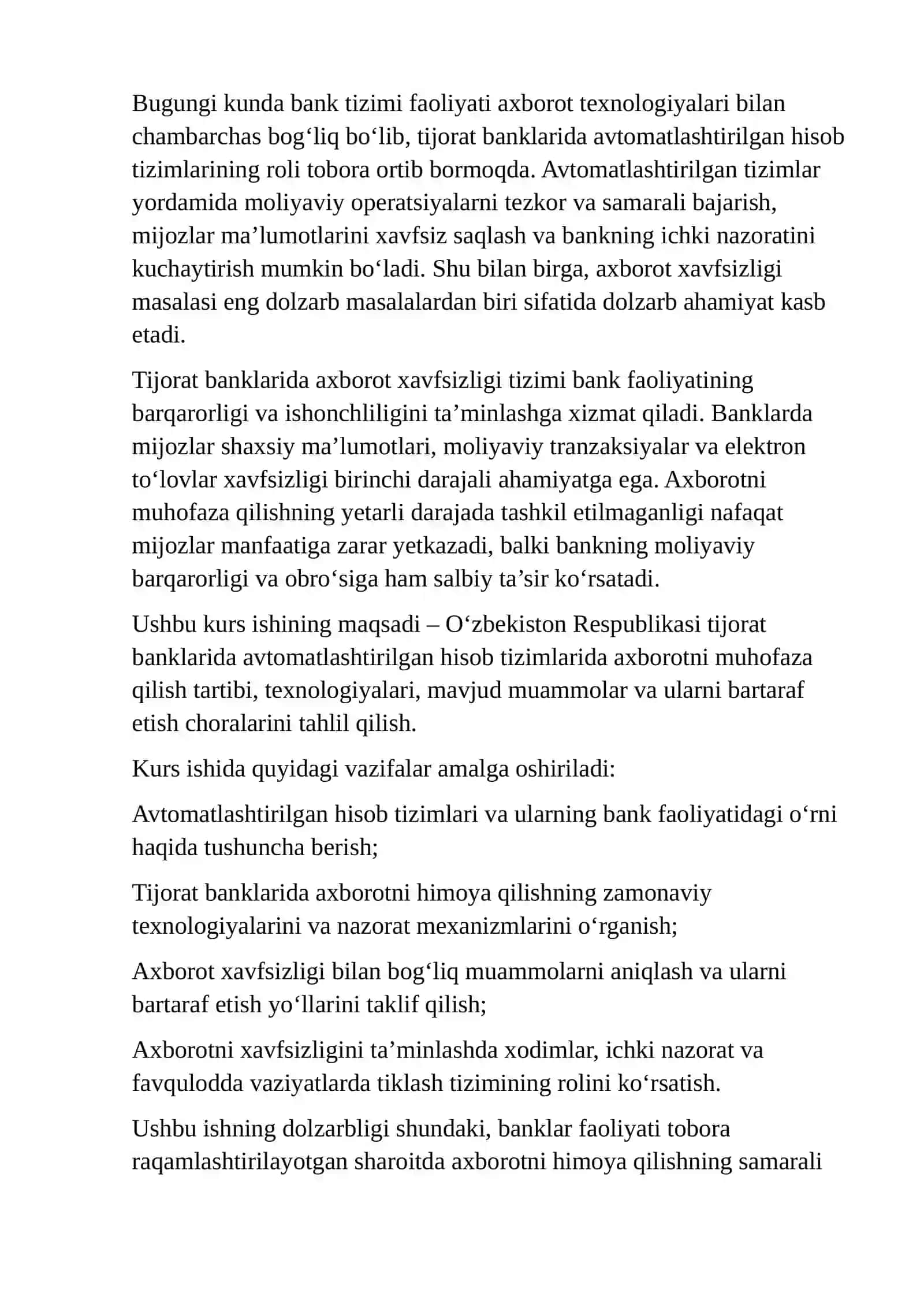 O'ZBEKISTON RESPUBLIKASI TIJORAT BANKLARI AVTOMATLASHTIRILGAN HISOB TIZIMLARIDA AXBOROTNI MUHOFAZA QILISH 3
