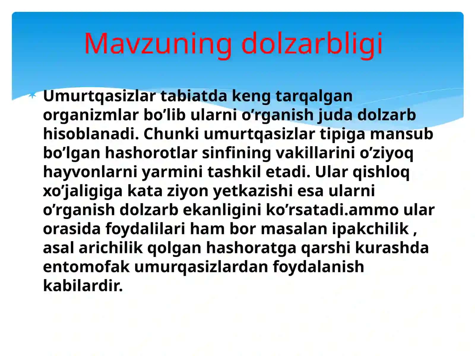 UMURTQASIZHAYVONLARNING XILMA-XILLIGI VA TURLI MUHIT SHAROITIGA MOSLASHUVINATIJASI 3