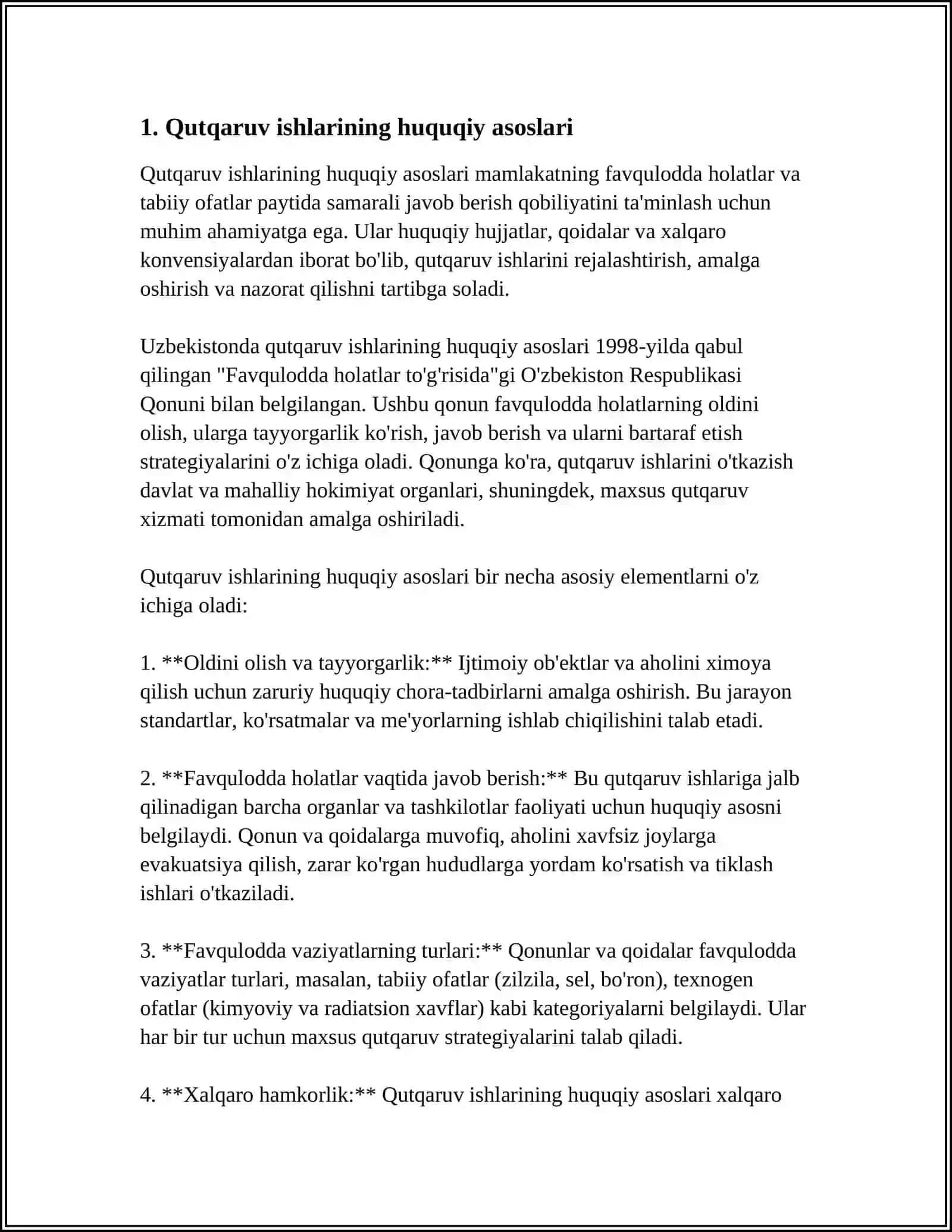 FAVQULOTDA VAZIYTDA ZARARLANGA O'CHOQLARDA QUTQARUV ISHLARINI TASHKIL ETISH 3