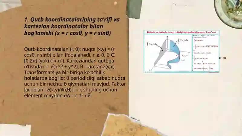 Ikki o'lchovli integralni qutb koordinatalar sistemasida o'zgaruvchilarni almashtirib hisoblash. Jordan o'lchovlari 3