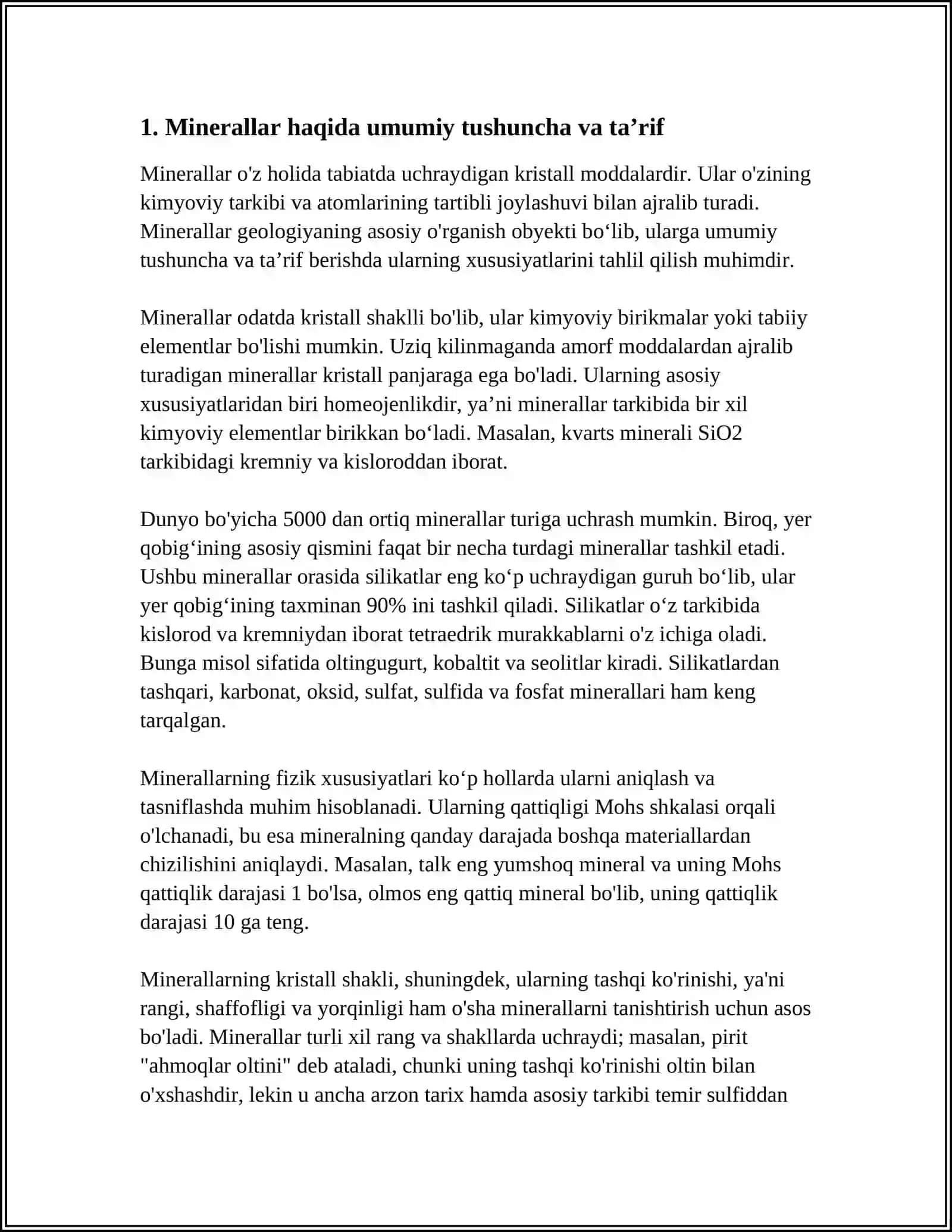 MINERALLARHAQIDA TUSHUNCHA, MAGMATIK TOGʻJINSLARI VA ULARNING TASNIFI 3