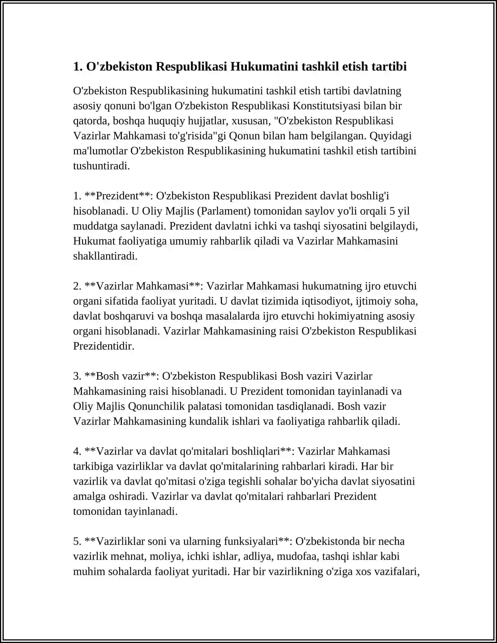 MUSTAQIL ISH Mavzu: O'ZBEKISTON RESPUBLIKASI HUKUMATINI TASHKIL ETISH TARTIBI, UNING TARKIBIVA FAOLIYATINI AMALGA OSHIRISH TARTIBI 3