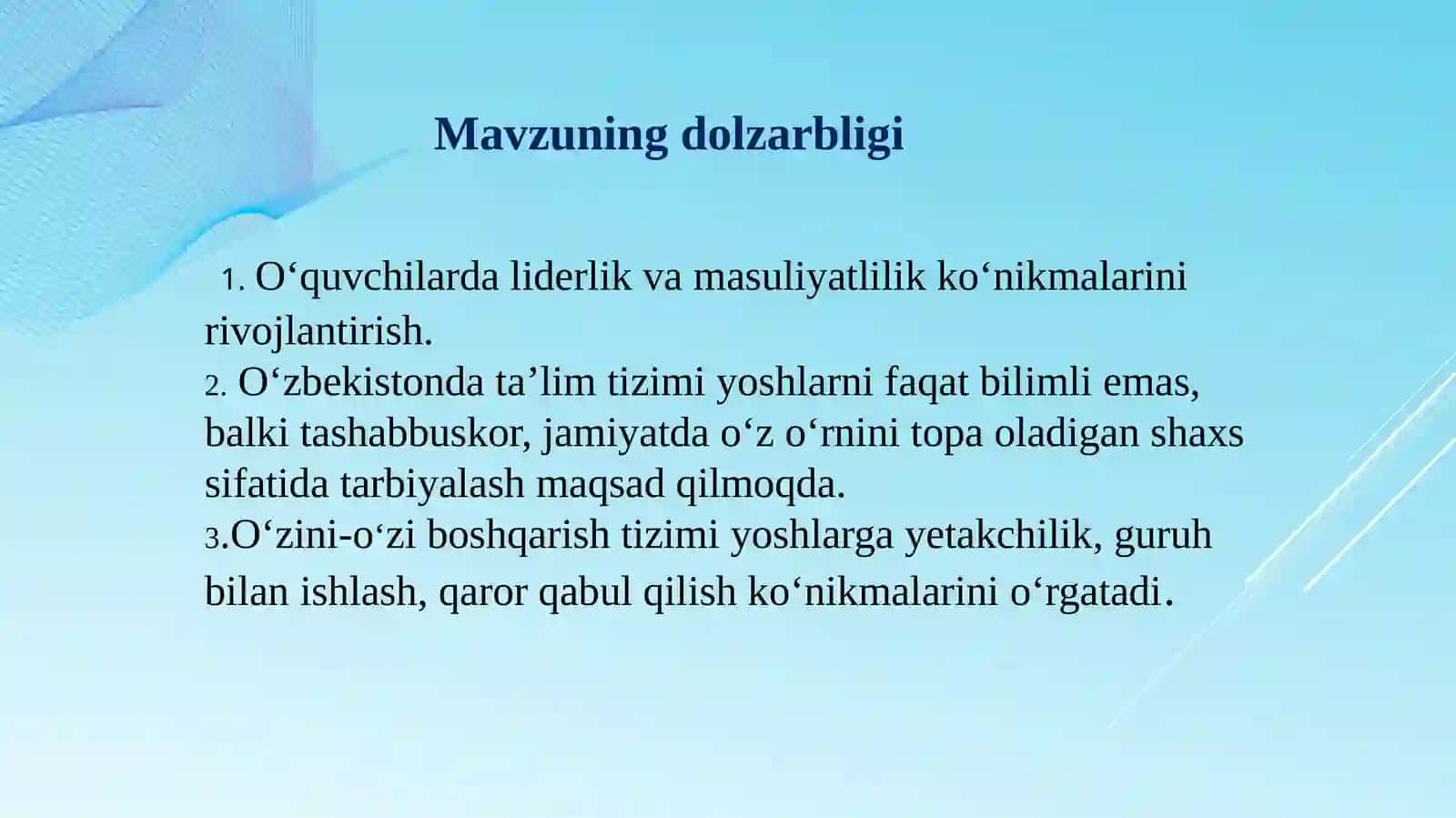 MAKTABDA O‘QUVCHILARNING O‘ZINI-O‘ZI BOSHQARISH INSTITUTLARI FAOLIYATINI YO‘LGA QO‘YISH 3