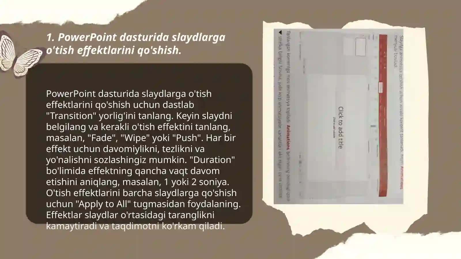 PowerPoint dasturida slaydlarga o'tish effektlarini qo'shish 3