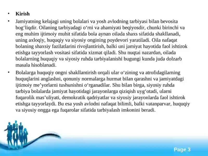 Oilada bolalarning huquqiy va siyosiy ruhda tarbiyalashning shakli metod va vositalari. 3