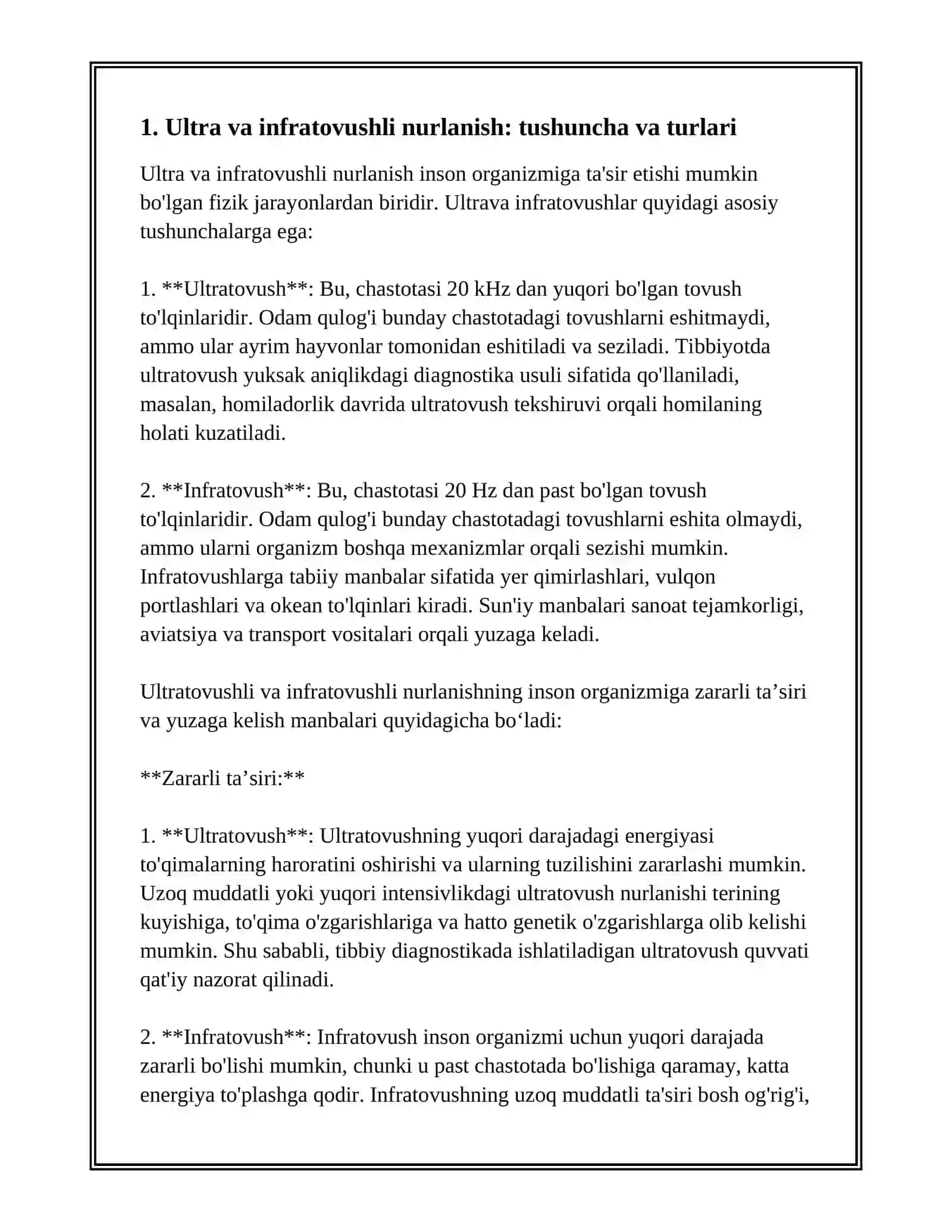 HAYOT FAOLIYATI HAFSIZLIGIDA ULTRA VA INFRATOVUSHLARNING INSON ORGANIZMIGA ZARARLI TA’SIRI. YUZAGA KELISH MANBALARI VA SABABLARI. MUHOFAZALASH VOSITALARI 3