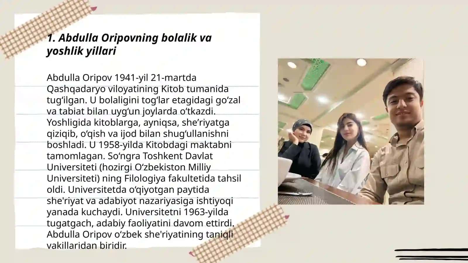 Abdulla Oripov hayoti va ijodi. Asarlarini oʻquvchilar bilan tahlil qilish 3