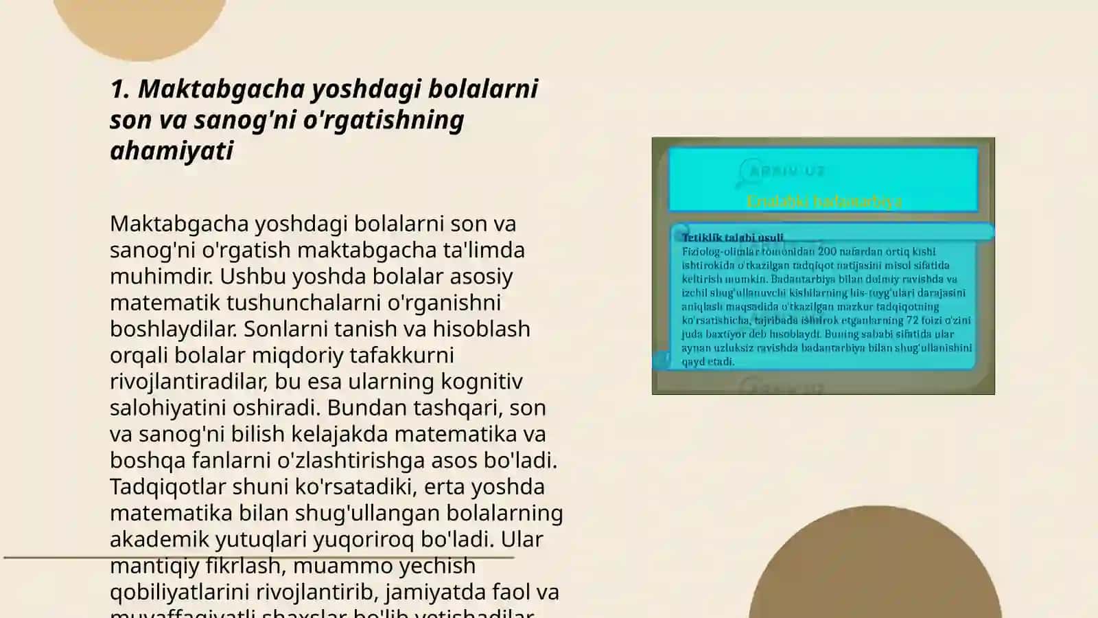 Maktabgacha yoshdagi bolalarni son-sanoqga o'rgatishga doir mashg'ulotlarni tashkil etish 3