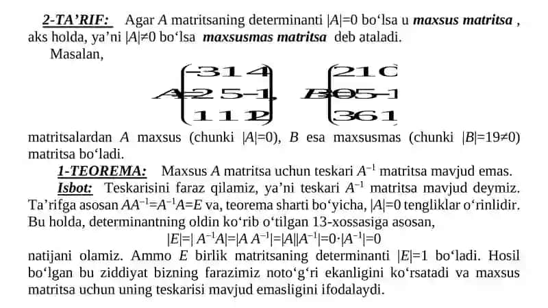 TЕSKARI MATRITSA. MATRITSANING  RANGI 3