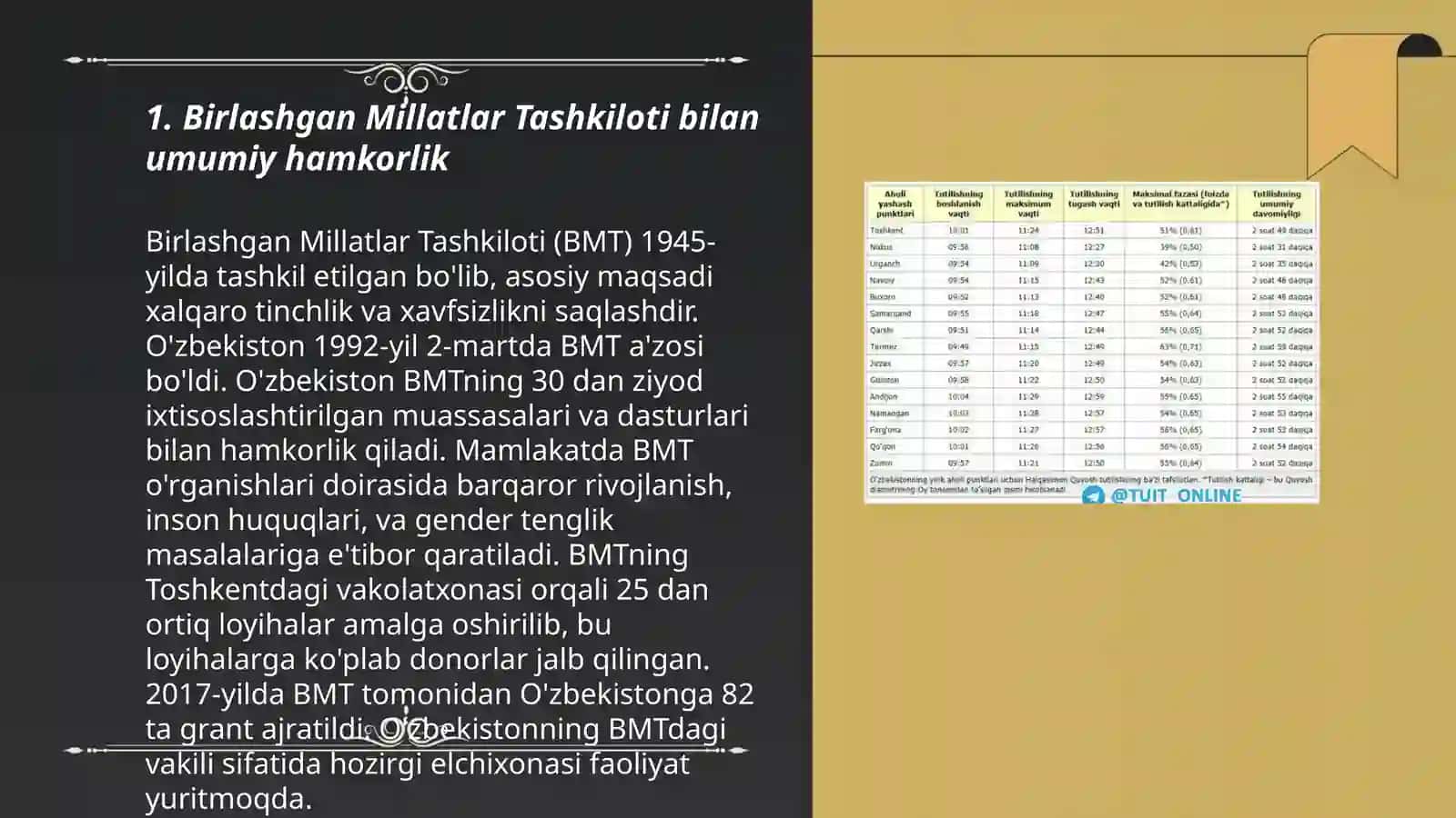 Õzbekistoning xalqaro tashkilotlar bilan hamkorlik aloqalar. Birlashkan Milotlar Tashkilotlar 3