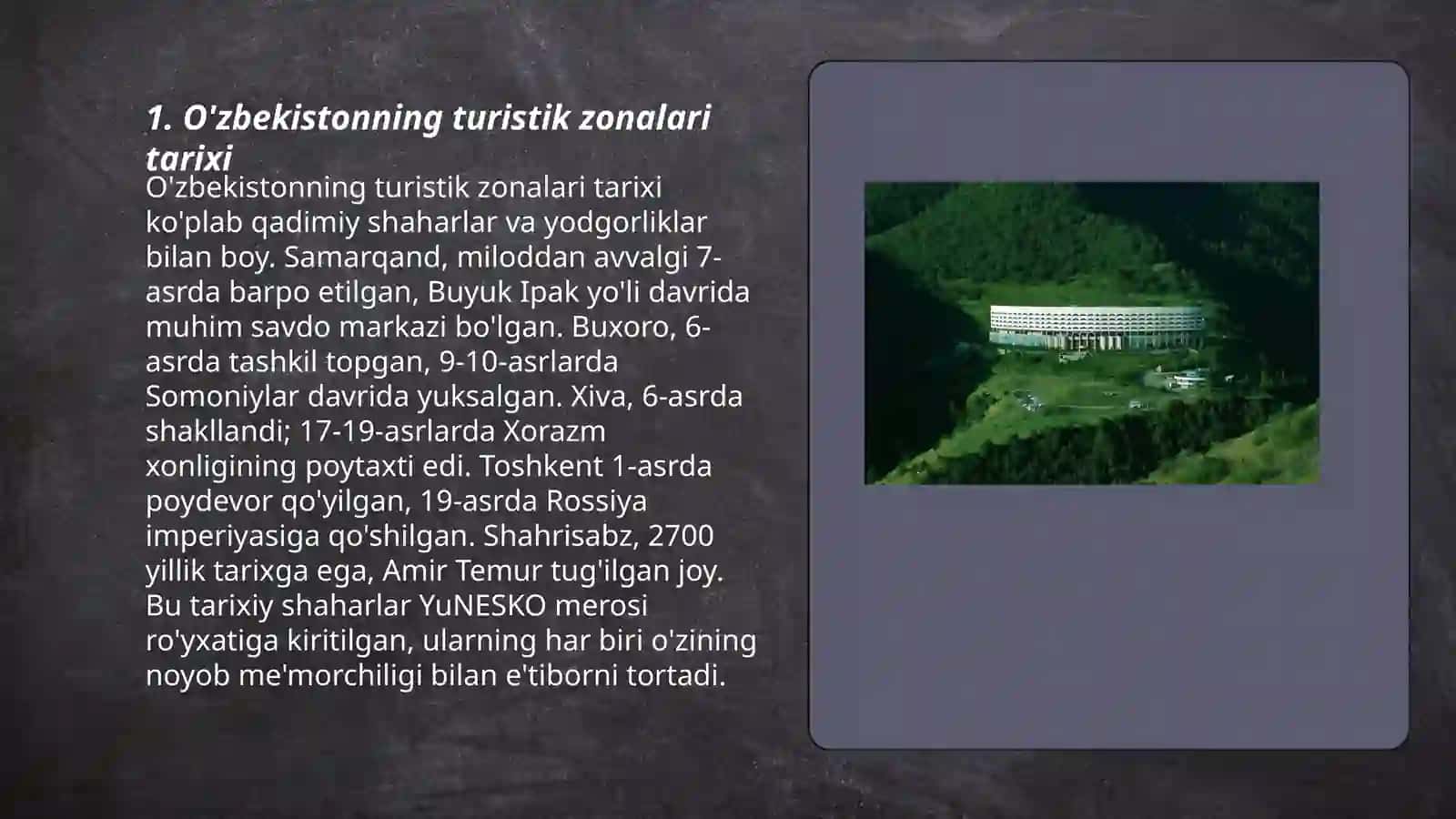 O'zbekiston maxsus turistik zonalar va ularning rivojlanish strategiyalari - Xurramova Gulsanam 3
