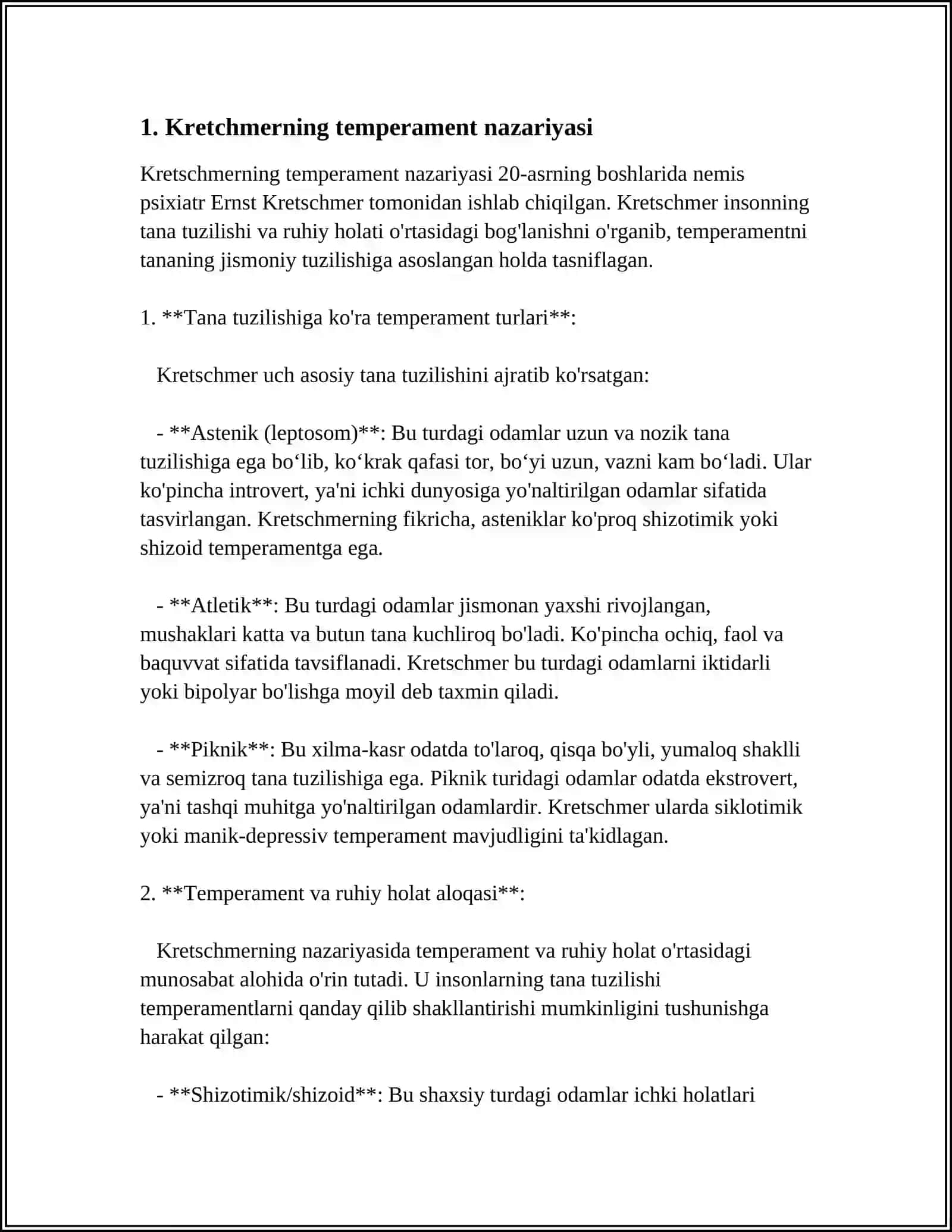 KRECHMERNING "TEMPERAMENT" NAZARIYASI. TEMPERAMENTNI O'RGANGAN OLIMLAR. XARAKTER SHAKLLANISHIDA TA'SIR ETUVCHI OMILLAR 3