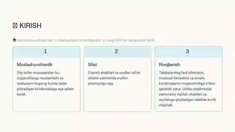 OLIY TA'LIM MUASSASALARIDA O'QITISHNI TASHKIL QILISHNING SHAKL VA USULLARIGA QO'YILADIGAN ZAMONAVIY TALABLAR 3