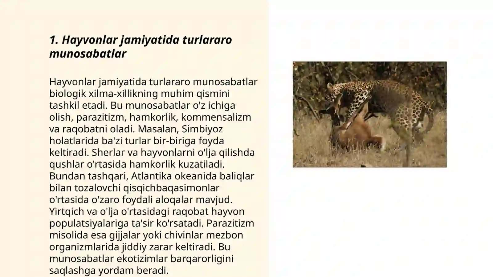Hayvonlar jamoalarining o‘zaro munosabati. Turlararo munosabatlar va ularning etologiyasi. «Yirtqich-o‘lja», «parazit-xo‘jayin», «raqobat» munosabatlari 3