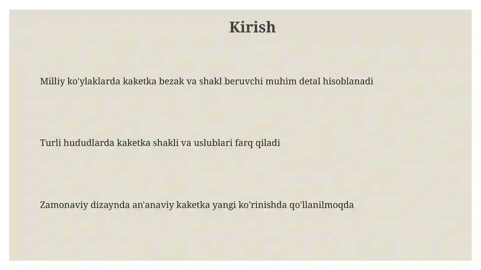 Ayollar milliy ko'ylagi turlarini xil kaketka namunalarini tayyorlash 3